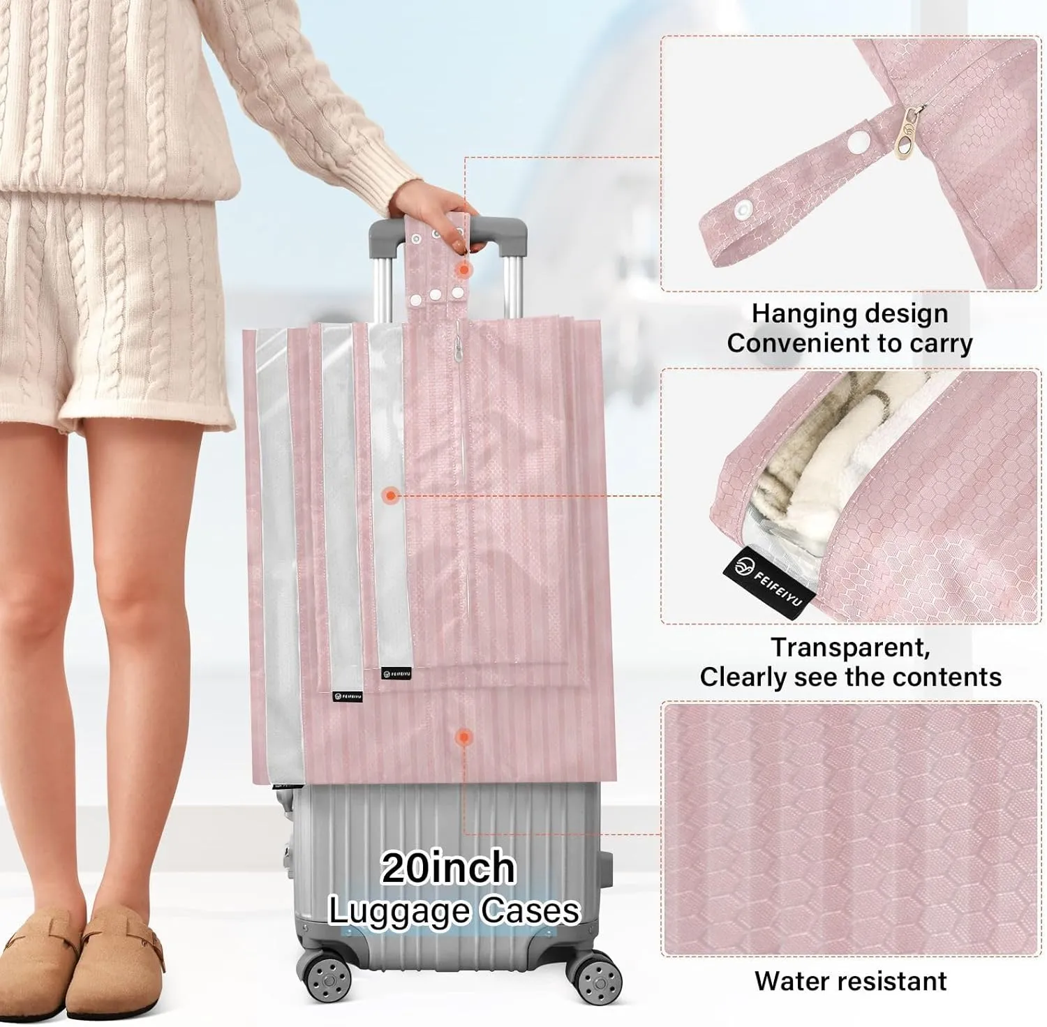 Luggage Space Saver, Luggages Management Personnel, Pink Stripes, With Zipper, 3 Set Travel Packing Cubes For Suitcases, Garment Bag Closet Storage