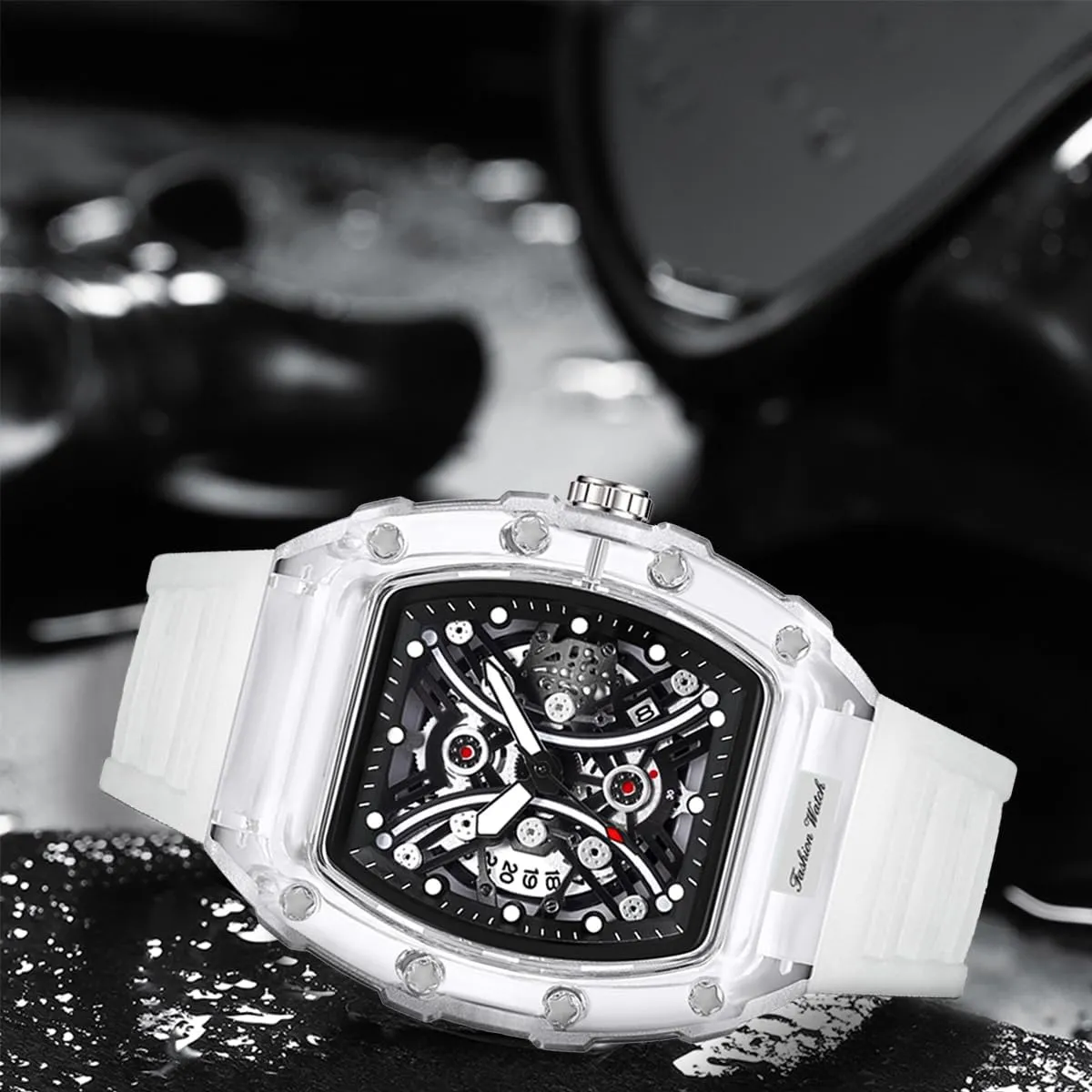 Men Watch Tonneau Casual Wrist Watch Soft Silicon Band Fashion Cool Watch for Men