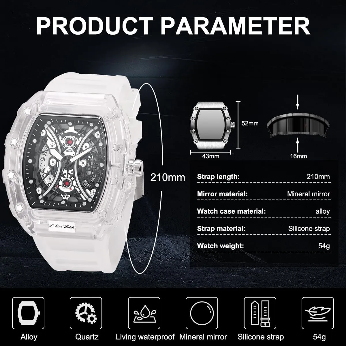 Men Watch Tonneau Casual Wrist Watch Soft Silicon Band Fashion Cool Watch for Men