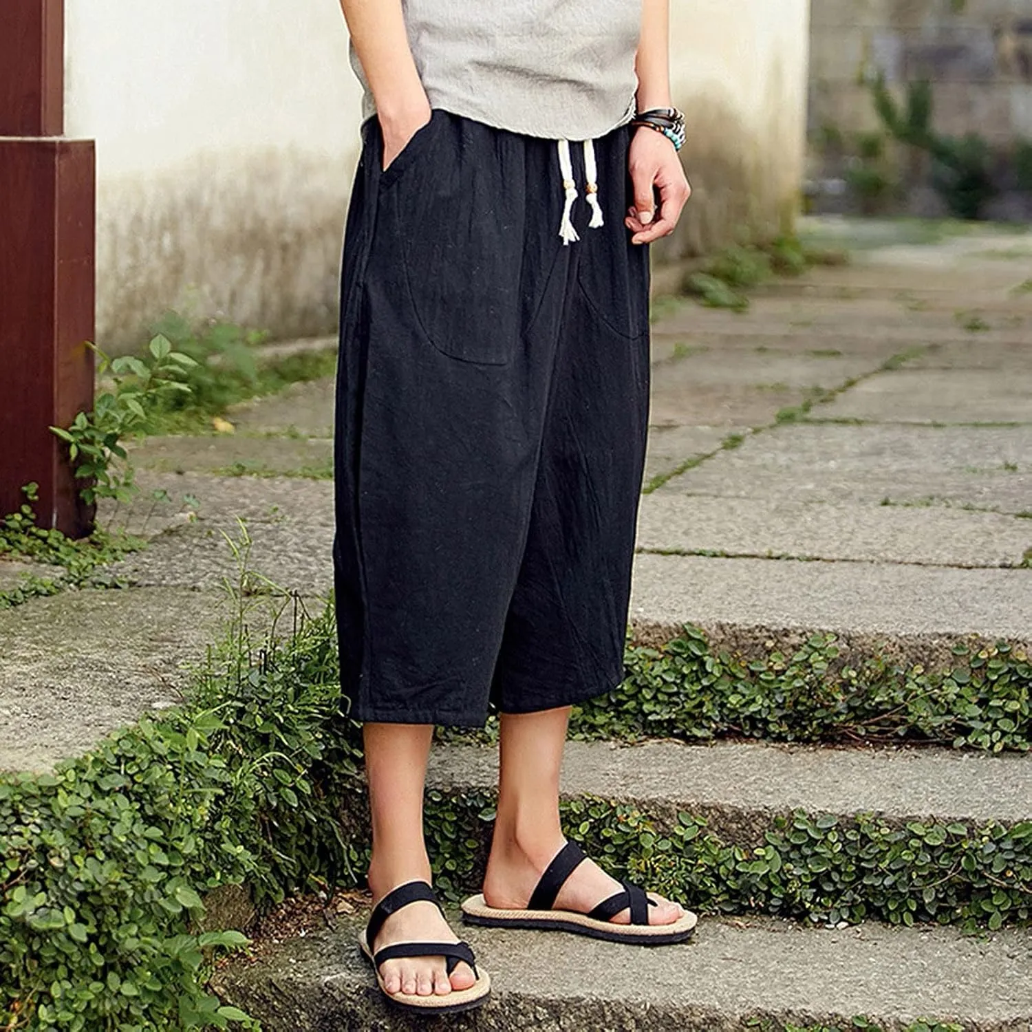 Mens Capri Pants Relaxed-Fit Loose Pants Elastic Drawstring Waist Pants Summer Fashion Casual Cropped Pants Harem Pants