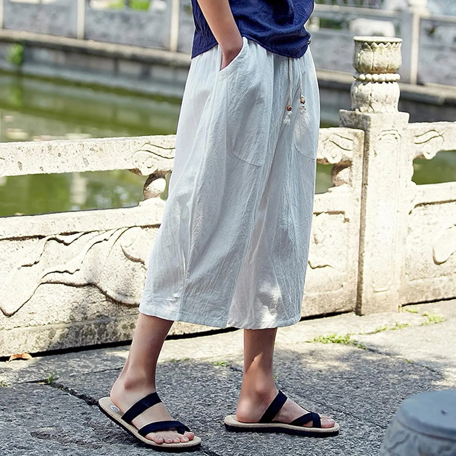 Mens Capri Pants Relaxed-Fit Loose Pants Elastic Drawstring Waist Pants Summer Fashion Casual Cropped Pants Harem Pants