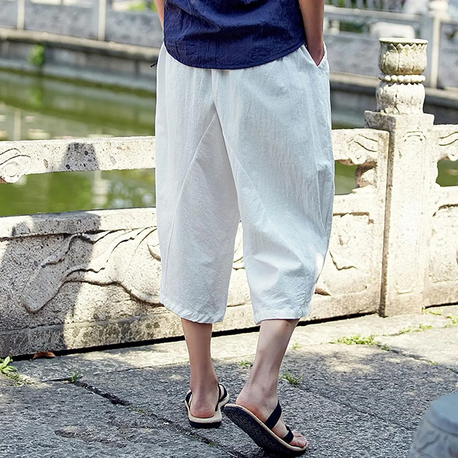 Mens Capri Pants Relaxed-Fit Loose Pants Elastic Drawstring Waist Pants Summer Fashion Casual Cropped Pants Harem Pants