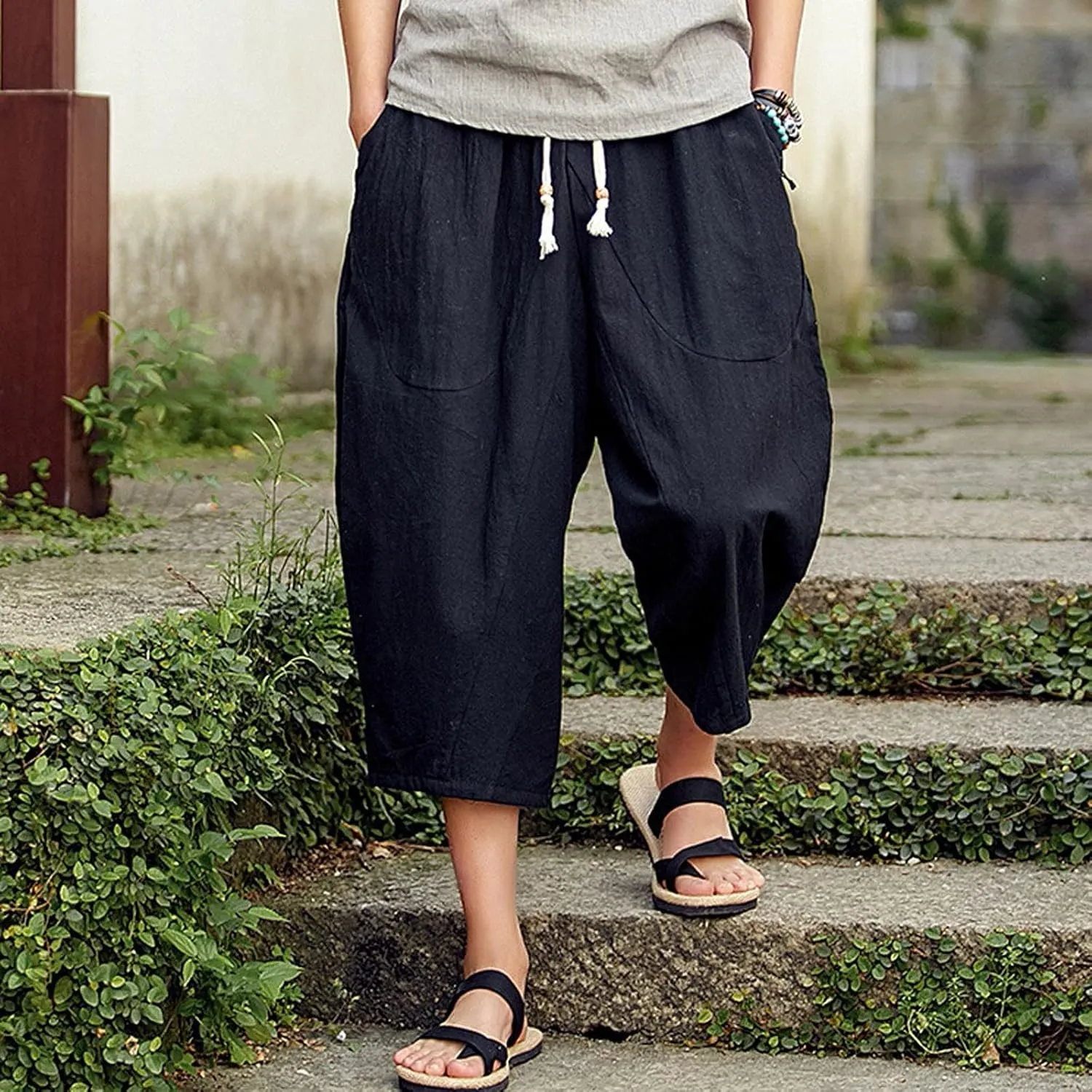 Mens Capri Pants Relaxed-Fit Loose Pants Elastic Drawstring Waist Pants Summer Fashion Casual Cropped Pants Harem Pants