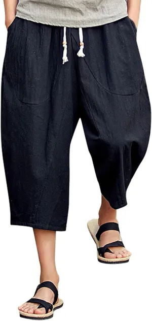 Mens Capri Pants Relaxed-Fit Loose Pants Elastic Drawstring Waist Pants Summer Fashion Casual Cropped Pants Harem Pants