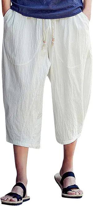Mens Capri Pants Relaxed-Fit Loose Pants Elastic Drawstring Waist Pants Summer Fashion Casual Cropped Pants Harem Pants