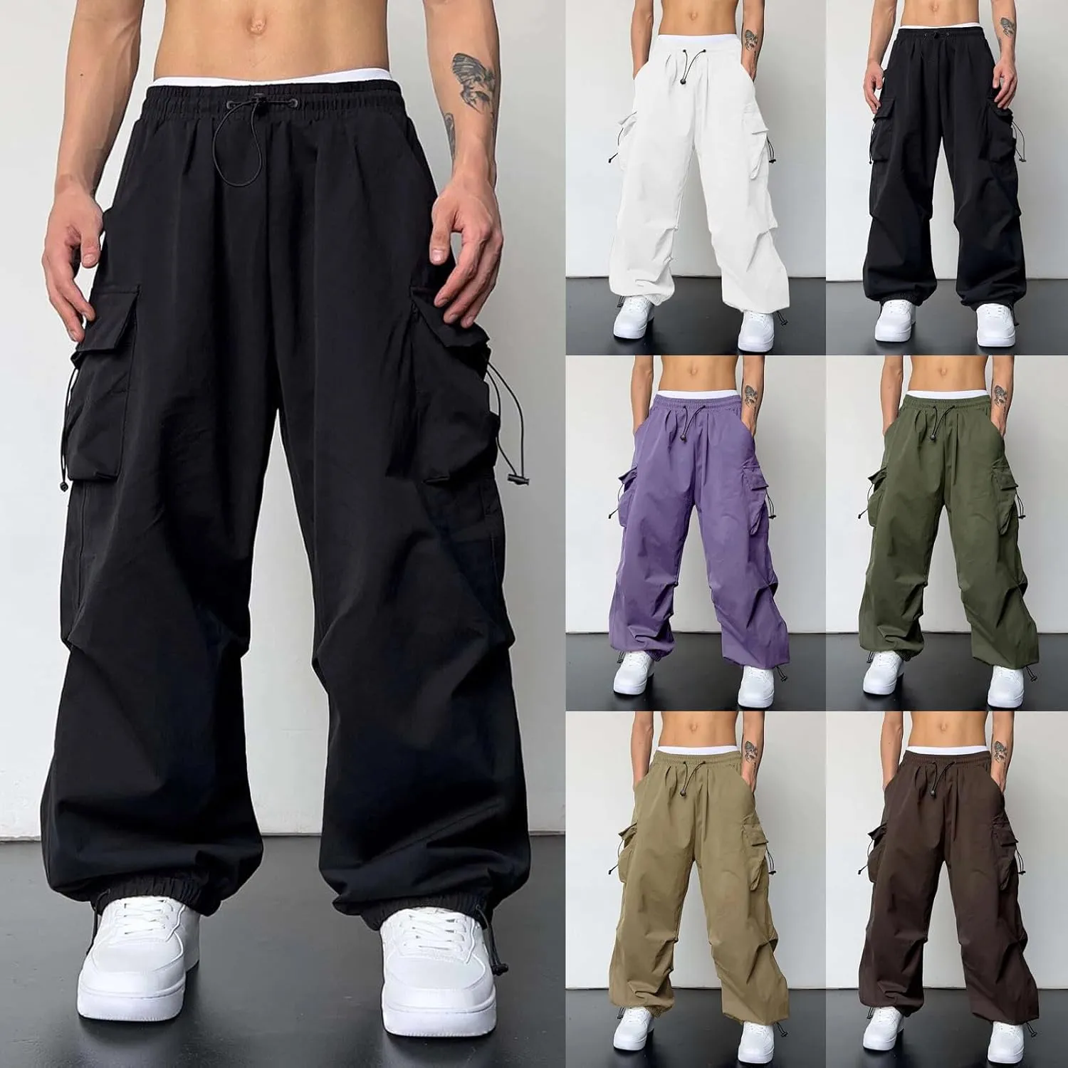 Mens Cargo Pants Stretch Track Pants Streetwear Pants Drawstring Cargo Work Pants for Men Fashion Hiking Trousers