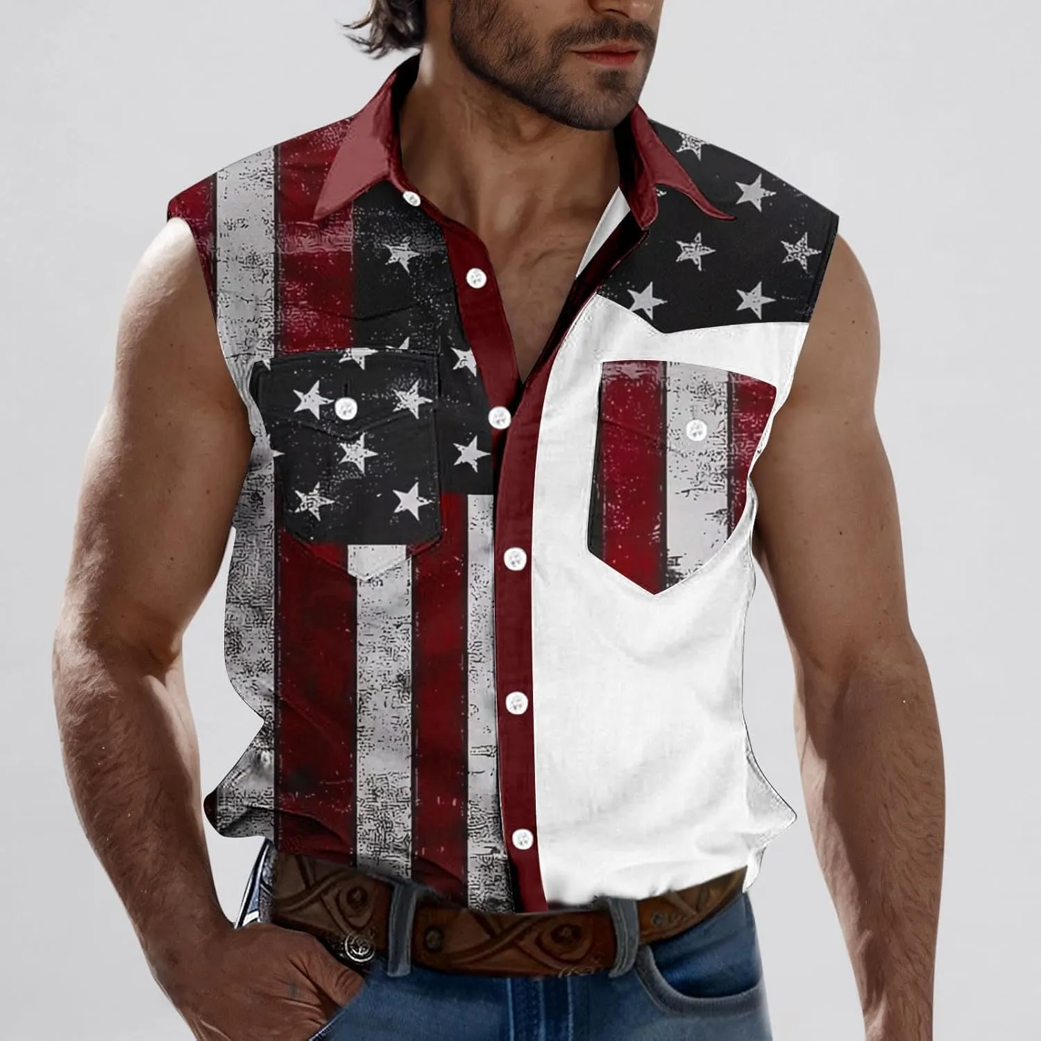 Men's Independence Day Tank Tops Summer Fashion American Flag Print Lapel Button Down Sleeveless Shirts
