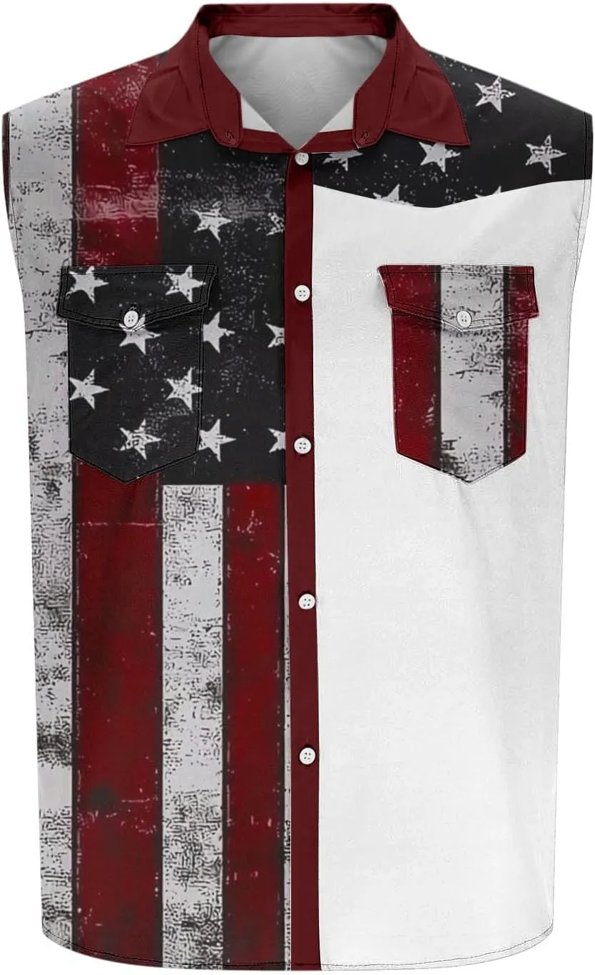 Men's Independence Day Tank Tops Summer Fashion American Flag Print Lapel Button Down Sleeveless Shirts