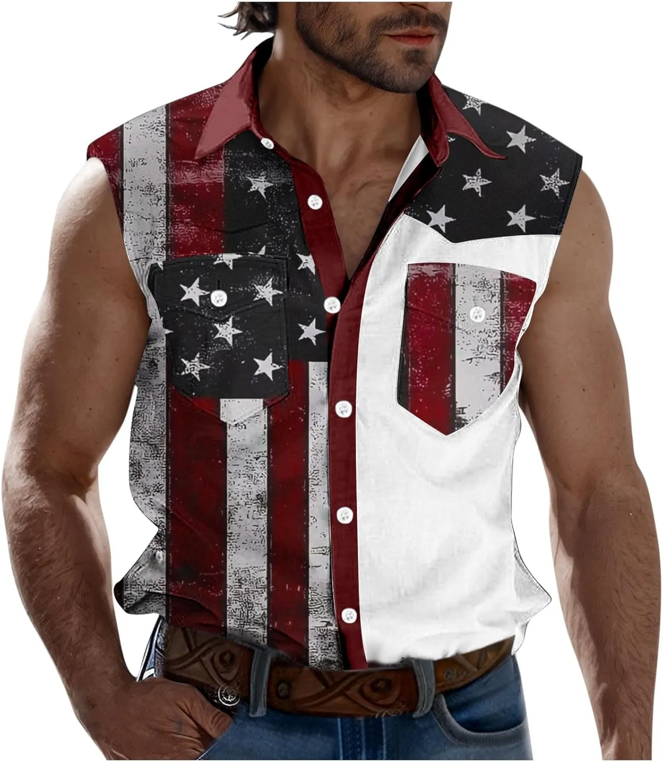 Men's Independence Day Tank Tops Summer Fashion American Flag Print Lapel Button Down Sleeveless Shirts