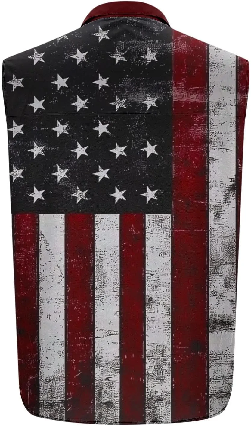 Men's Independence Day Tank Tops Summer Fashion American Flag Print Lapel Button Down Sleeveless Shirts