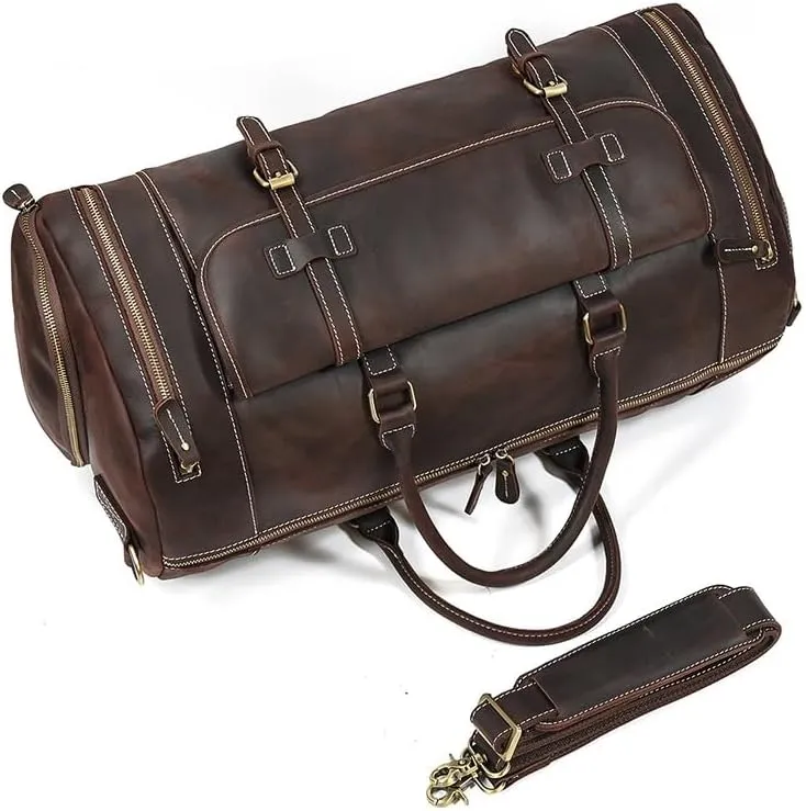 Men's Leather Handbag Single Shoulder Straddle Bag with Shoe Seat Cowhide Duffel Bag