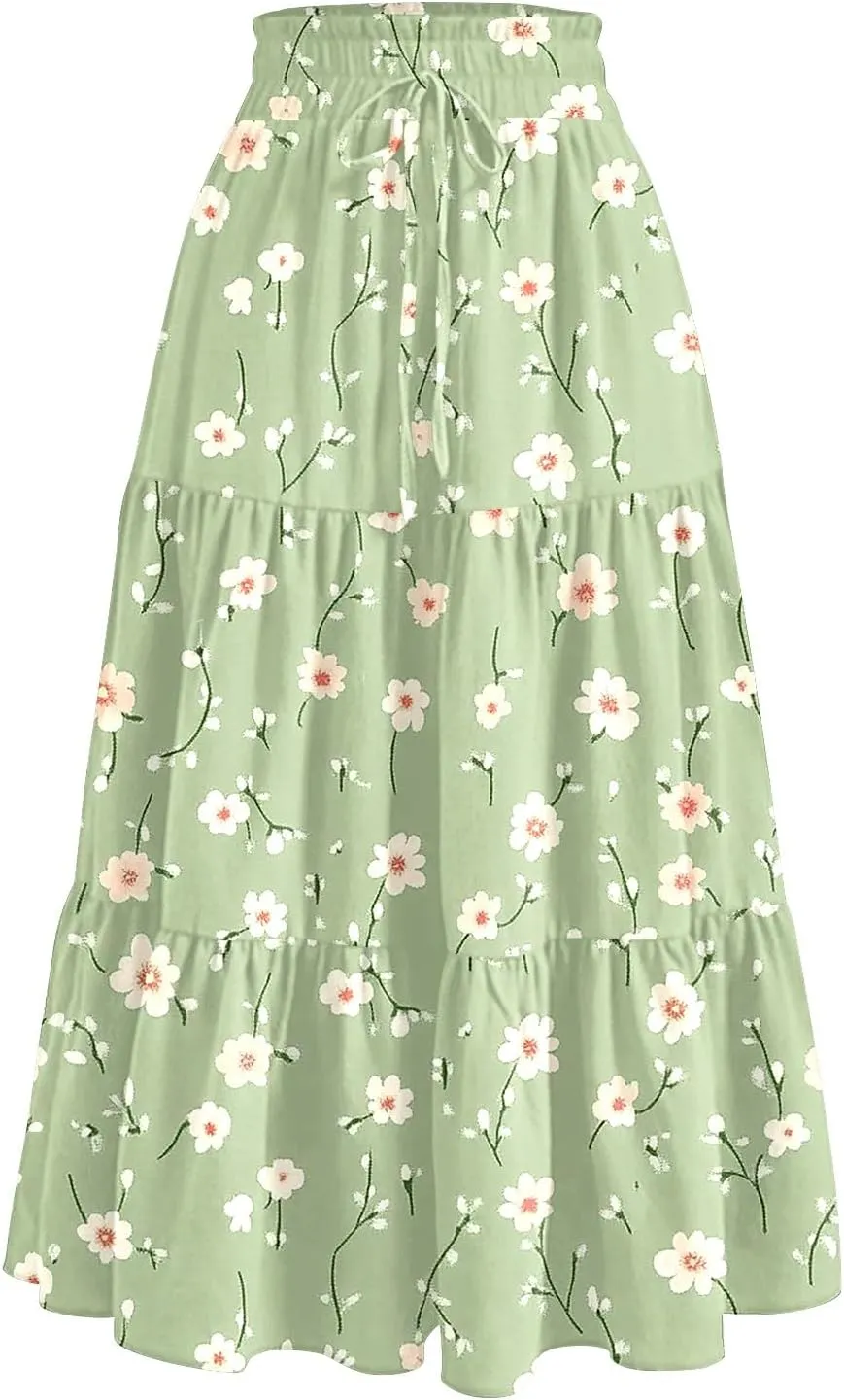 Midi Skirts for Women 2025 High Elastic Waisted Boho Floral Skirts Tiered Ruffle Skirt Flowy A Line Skorts with Pockets