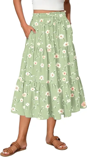 Midi Skirts for Women 2025 High Elastic Waisted Boho Floral Skirts Tiered Ruffle Skirt Flowy A Line Skorts with Pockets