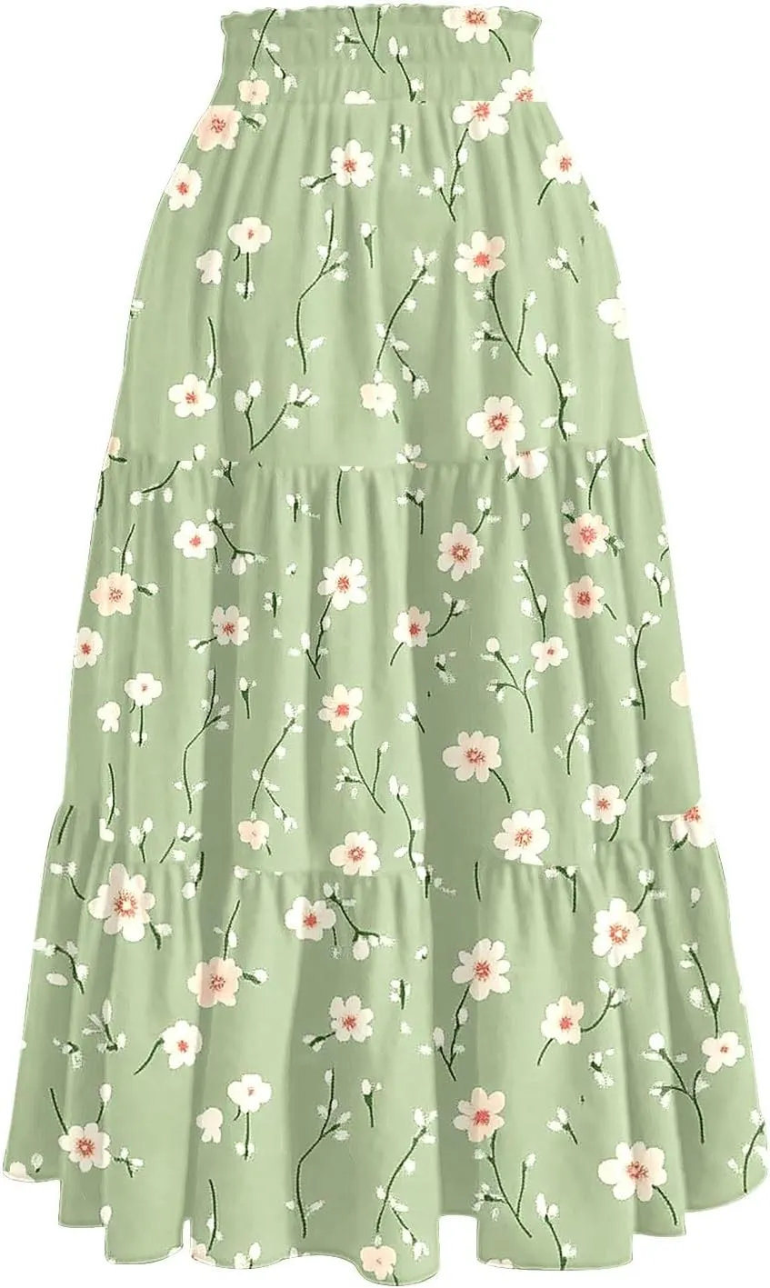 Midi Skirts for Women 2025 High Elastic Waisted Boho Floral Skirts Tiered Ruffle Skirt Flowy A Line Skorts with Pockets