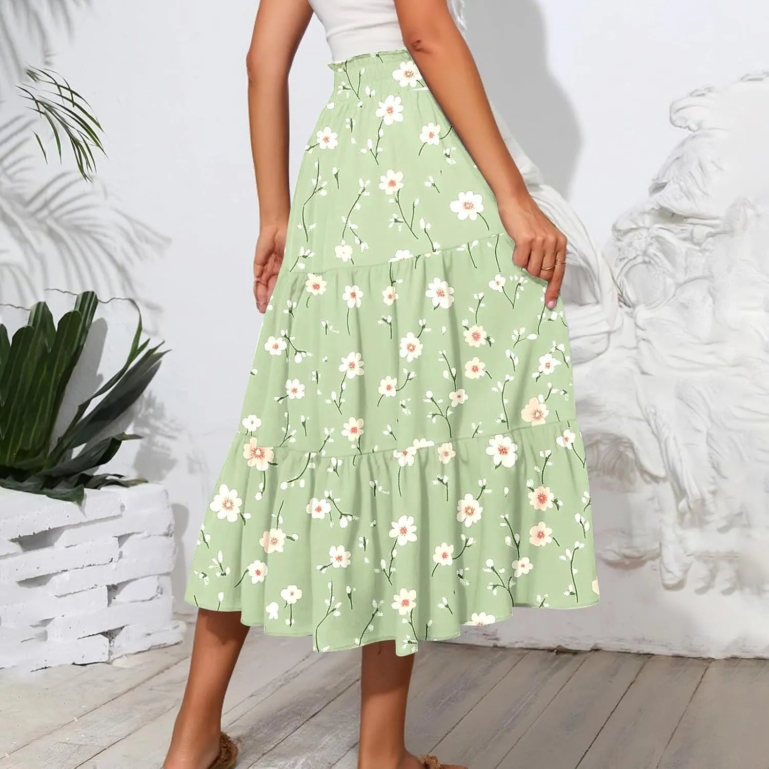Midi Skirts for Women 2025 High Elastic Waisted Boho Floral Skirts Tiered Ruffle Skirt Flowy A Line Skorts with Pockets