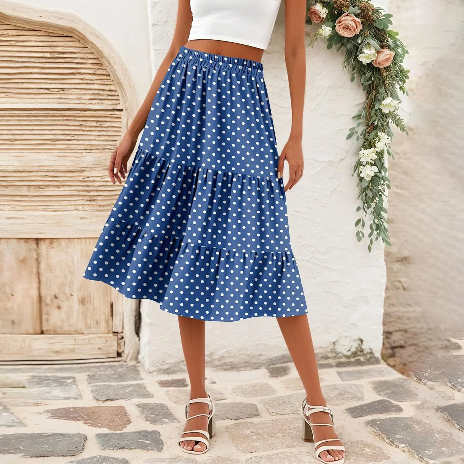 midi Tiered Skirts for Women Summer Boho Floral high Elastic Waist a line Skirts Long Ruffle Flowy Vacation Skort