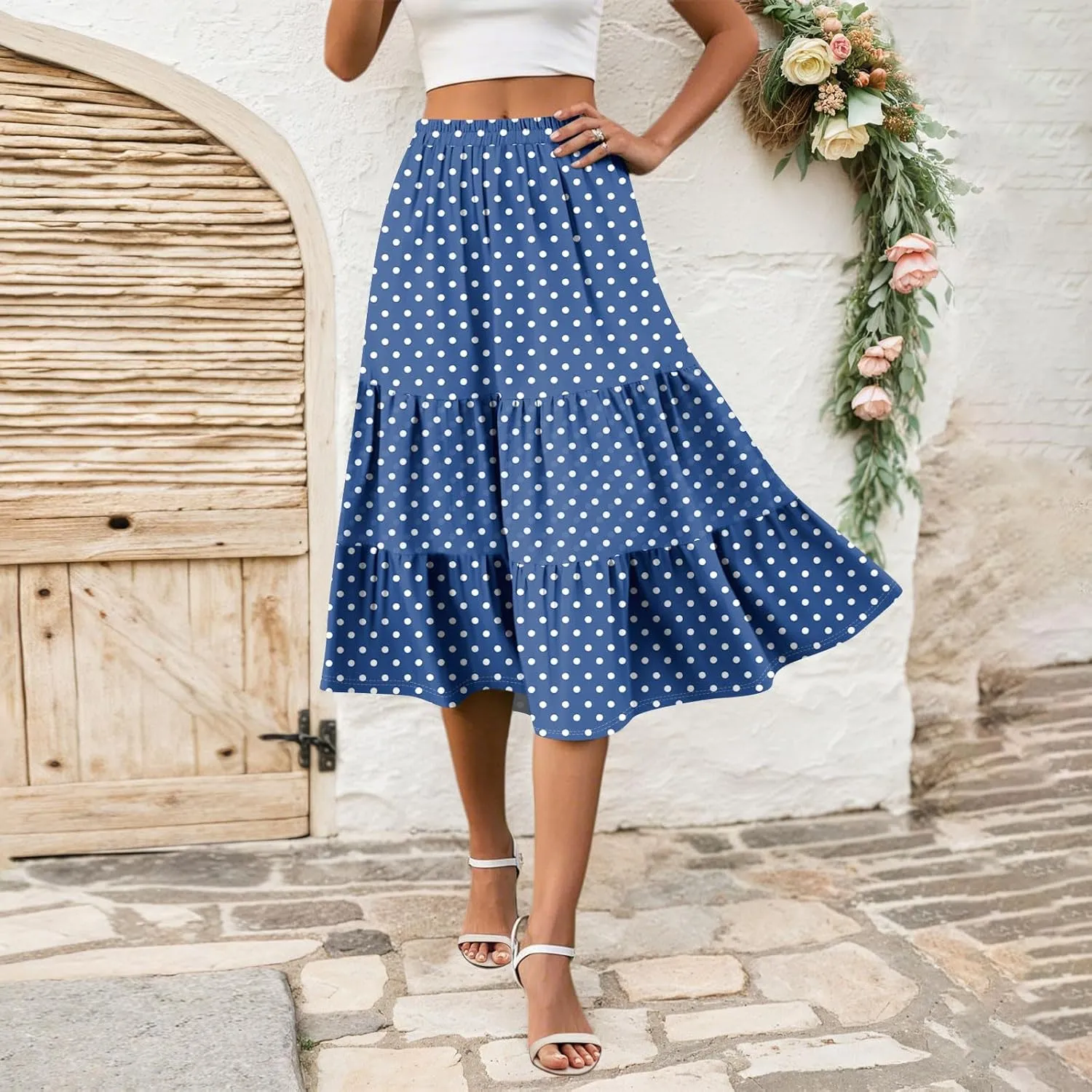 midi Tiered Skirts for Women Summer Boho Floral high Elastic Waist a line Skirts Long Ruffle Flowy Vacation Skort