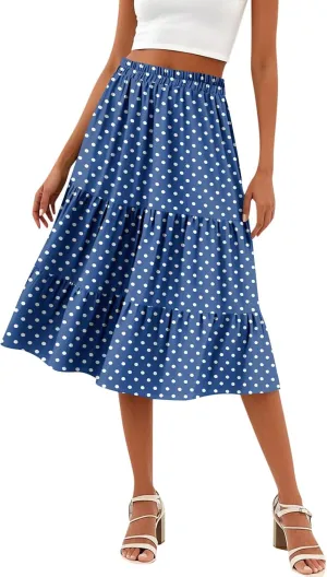 midi Tiered Skirts for Women Summer Boho Floral high Elastic Waist a line Skirts Long Ruffle Flowy Vacation Skort