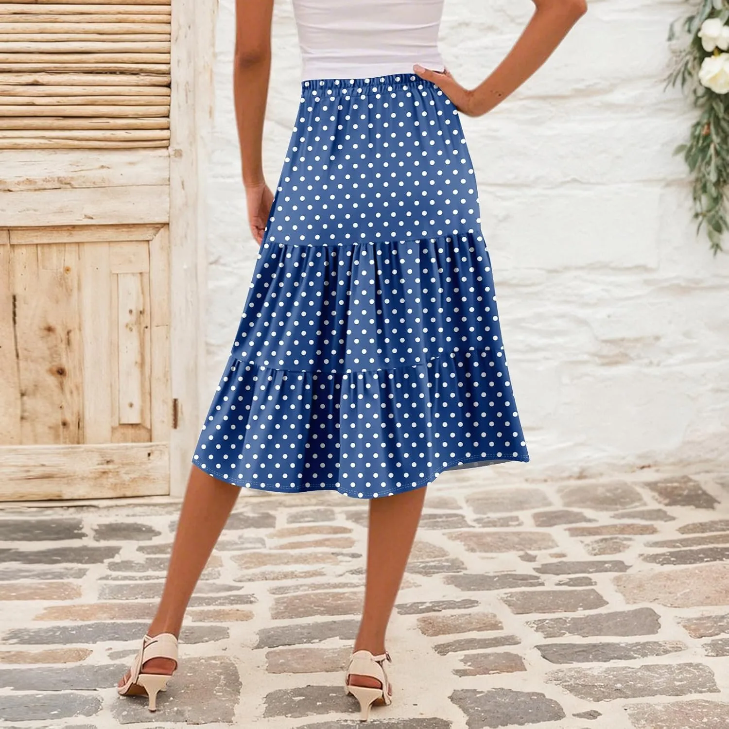 midi Tiered Skirts for Women Summer Boho Floral high Elastic Waist a line Skirts Long Ruffle Flowy Vacation Skort