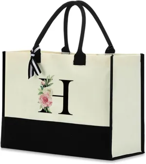 Monogrammed Tote Bags Floral Letter Initial Bag Personalized Beach Bag Monogrammed Gifts for Women Bridesmaids Wedding