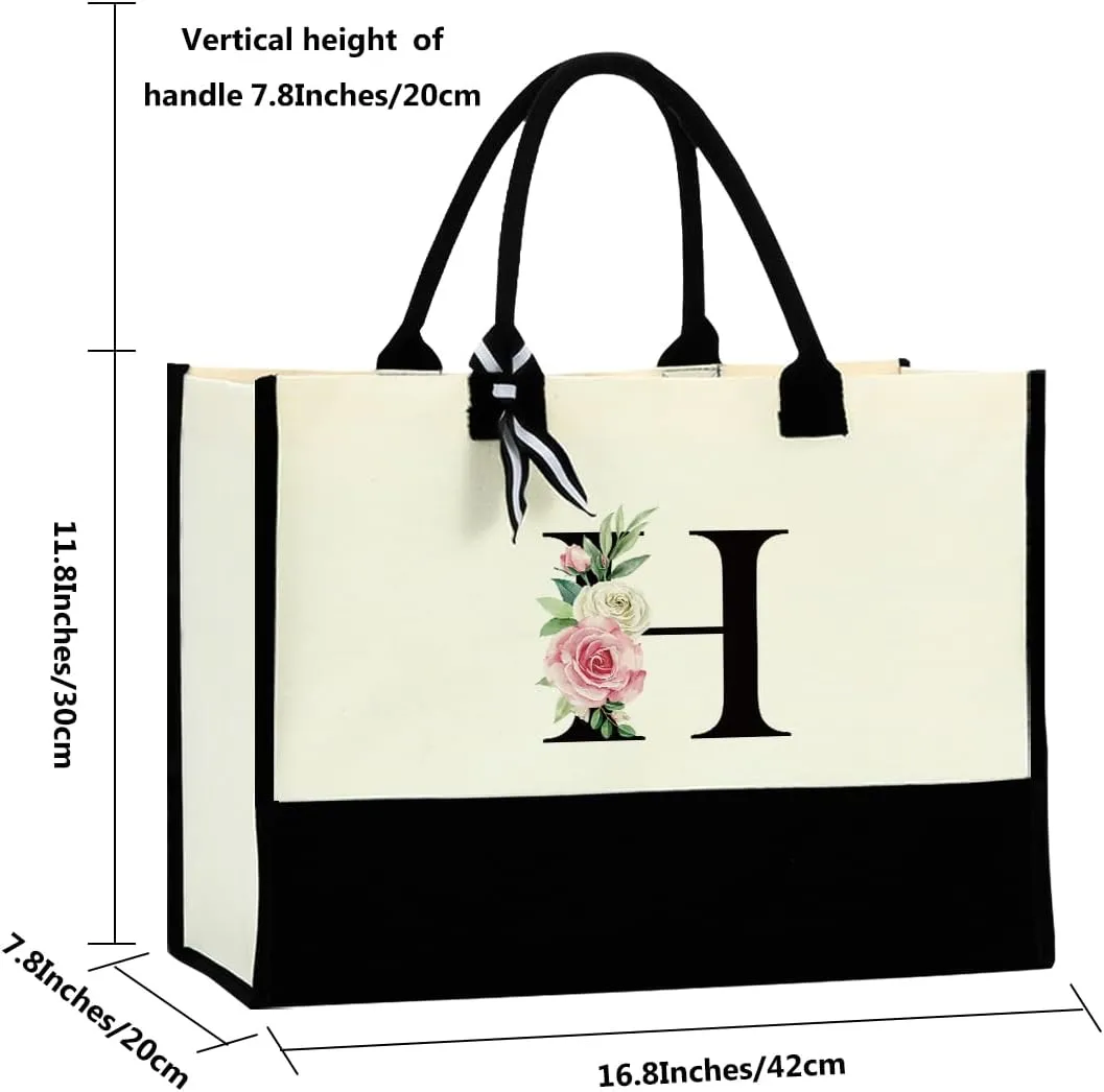 Monogrammed Tote Bags Floral Letter Initial Bag Personalized Beach Bag Monogrammed Gifts for Women Bridesmaids Wedding