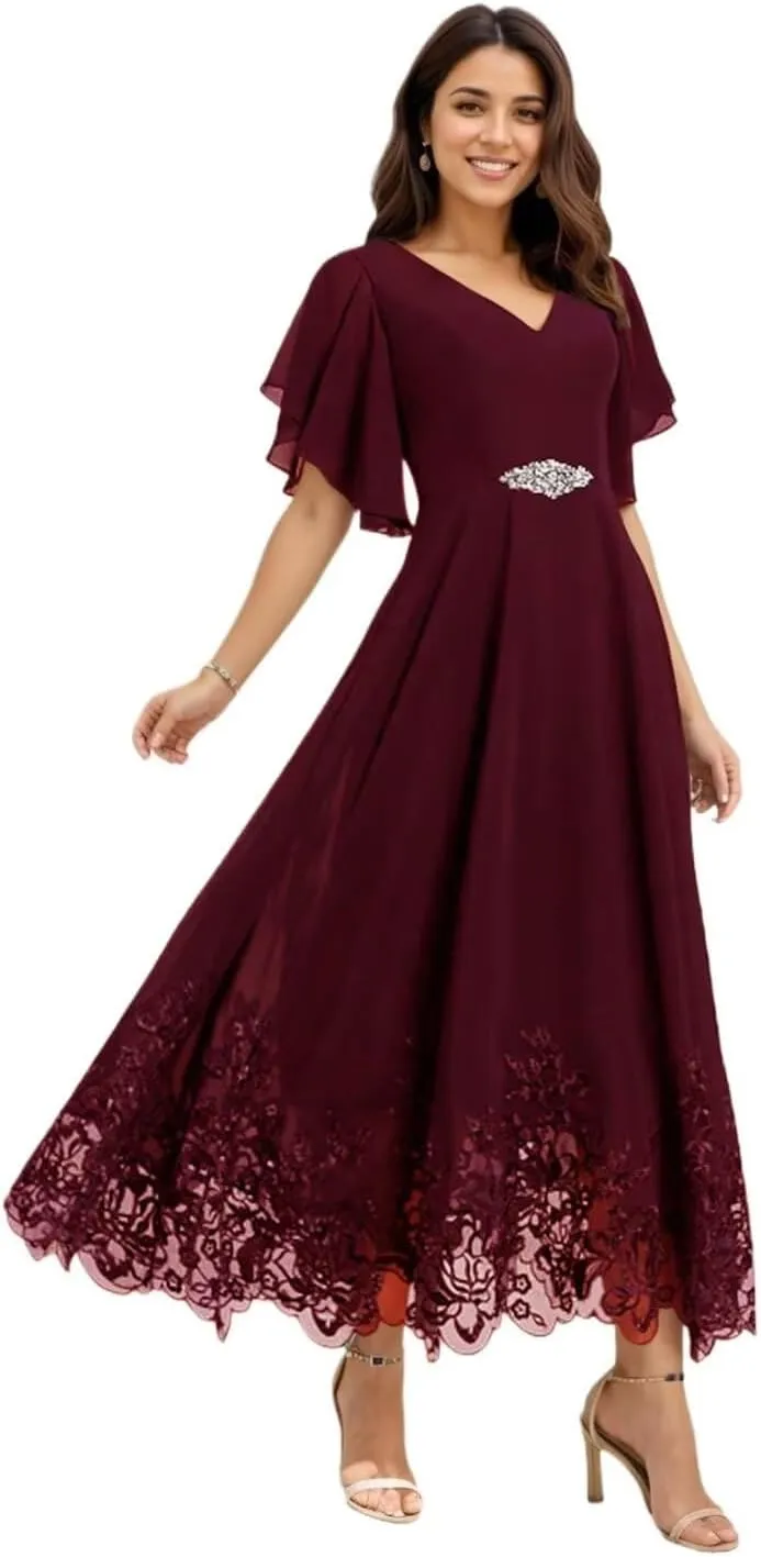 Mother of The Bride Dresses for Wedding Lace Chiffon Tea Length Formal Evening Gown with Sleeves