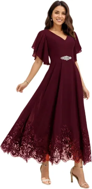 Mother of The Bride Dresses for Wedding Lace Chiffon Tea Length Formal Evening Gown with Sleeves