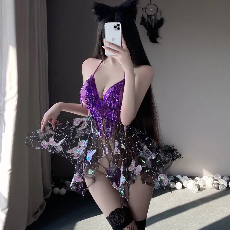 MY-9559  Butterfly sequin halter V-neck sheer short dress set