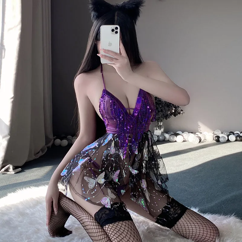 MY-9559  Butterfly sequin halter V-neck sheer short dress set