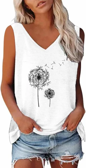 Mzkdieey Dandelion Tank Tops for Women Inspirational Graphic Tee Summer Sleeveless V Neck Tanks Casual Loose Fit Tunic Vest