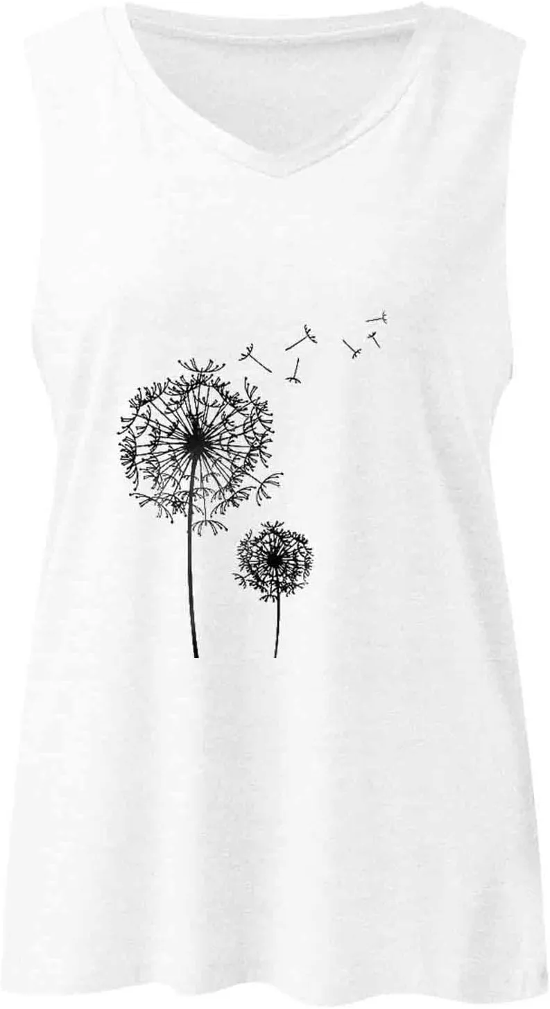 Mzkdieey Dandelion Tank Tops for Women Inspirational Graphic Tee Summer Sleeveless V Neck Tanks Casual Loose Fit Tunic Vest