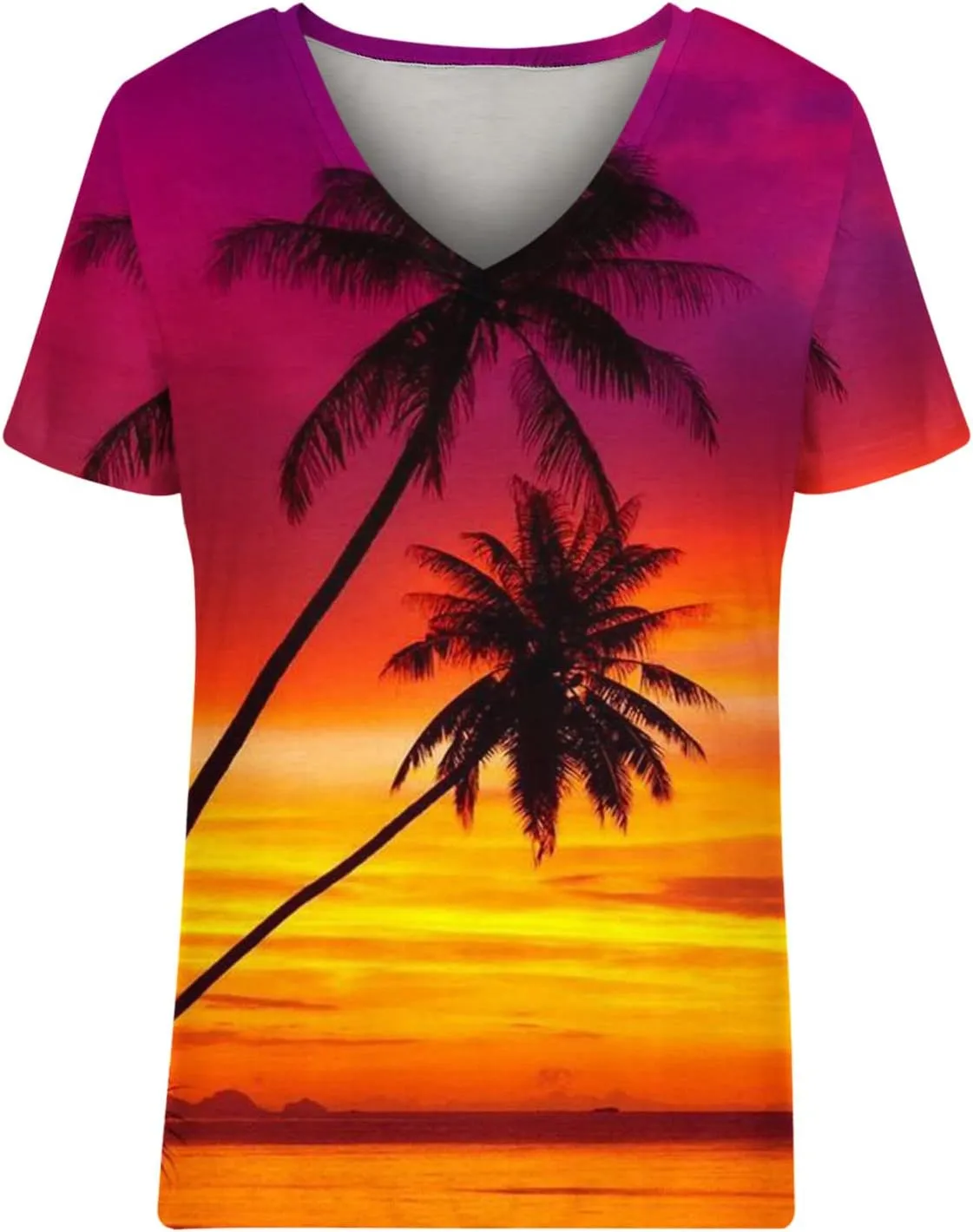 Mzkdieey Sunset Palm Tree Shirts for Women Hawaiian Summer T-Shirt Vintage Short Sleeve V Neck Tees Vacation Beach Tops