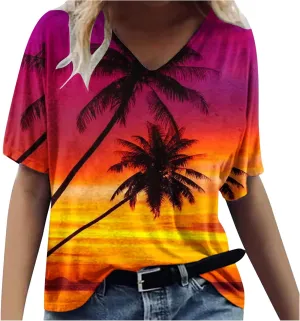 Mzkdieey Sunset Palm Tree Shirts for Women Hawaiian Summer T-Shirt Vintage Short Sleeve V Neck Tees Vacation Beach Tops