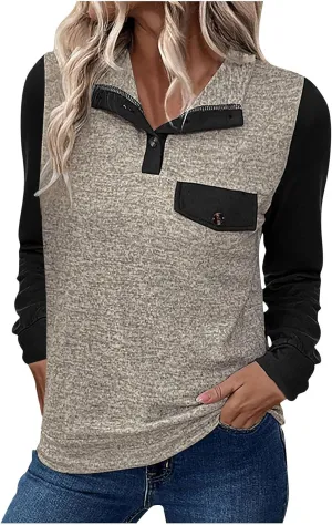 Mzkdieey Women's Long Sleeve Zipper Polo Shirts Color Block T-Shirt Soft Lightweight Tunic Tops Casual Loose Fit Blouses