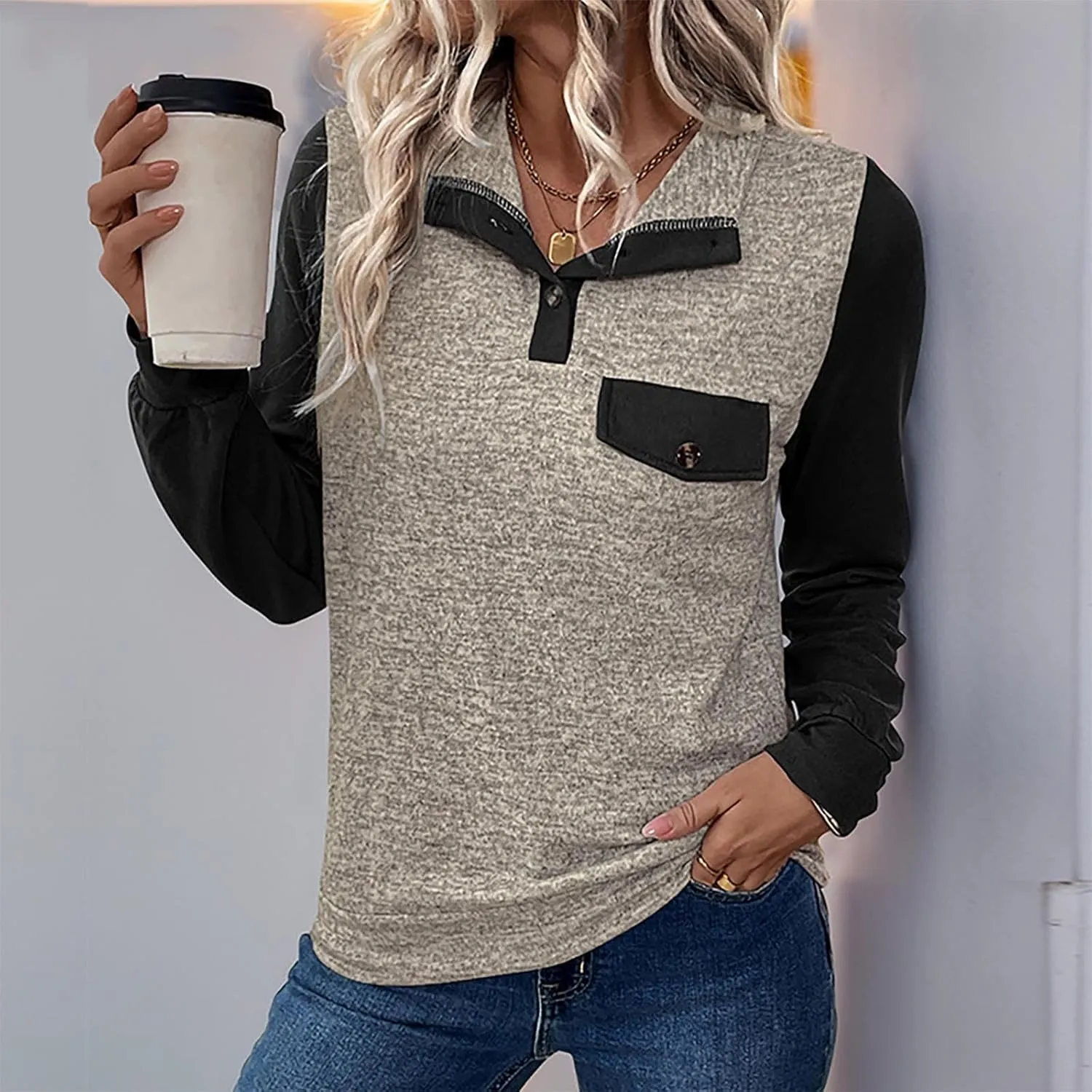 Mzkdieey Women's Long Sleeve Zipper Polo Shirts Color Block T-Shirt Soft Lightweight Tunic Tops Casual Loose Fit Blouses