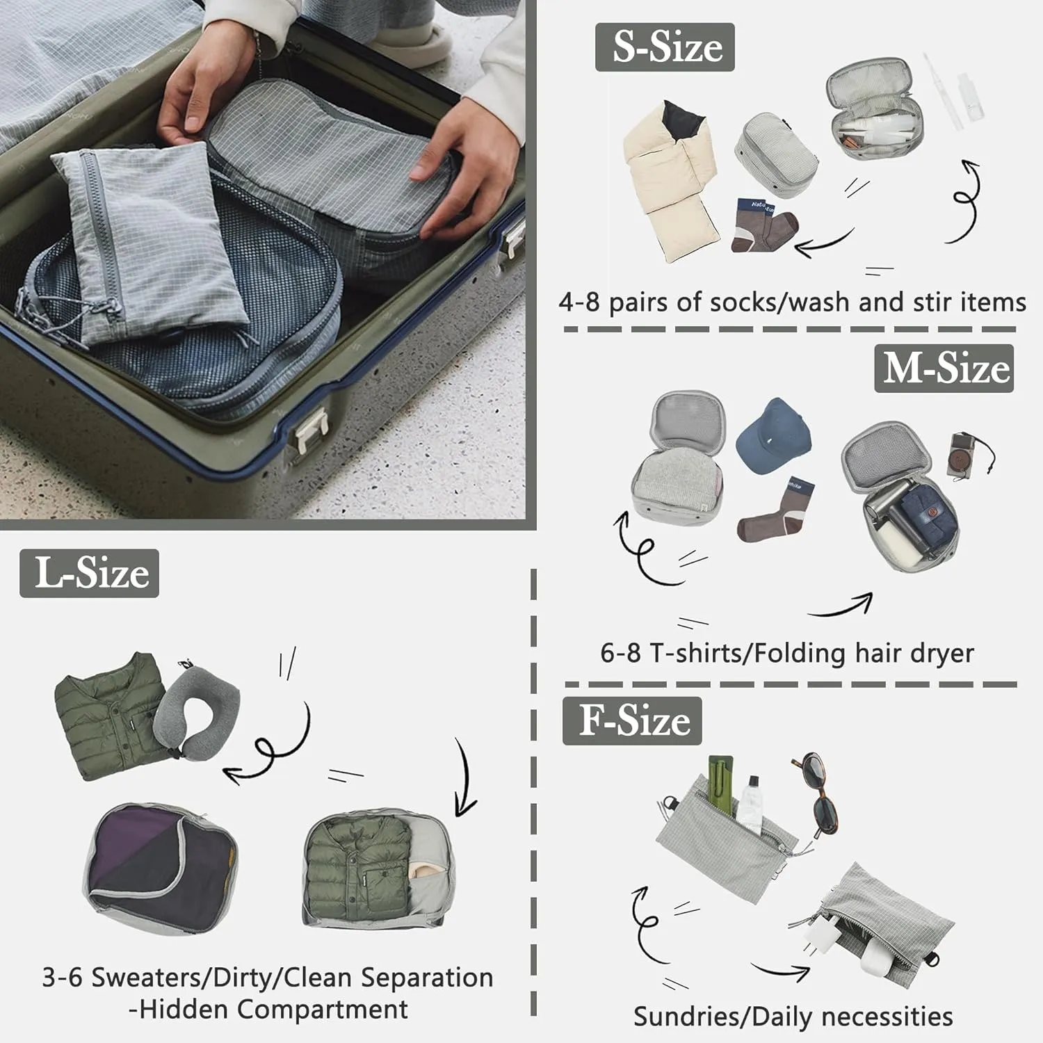 Naturehike Ultralight Machine-Washable 4 Sizes Packing Cubes, Women & Men Compression Packing Bags for Suitcases, Space-Saving Luggage Organizers, Trip Accessories for Travel Luggage (Gray, L)