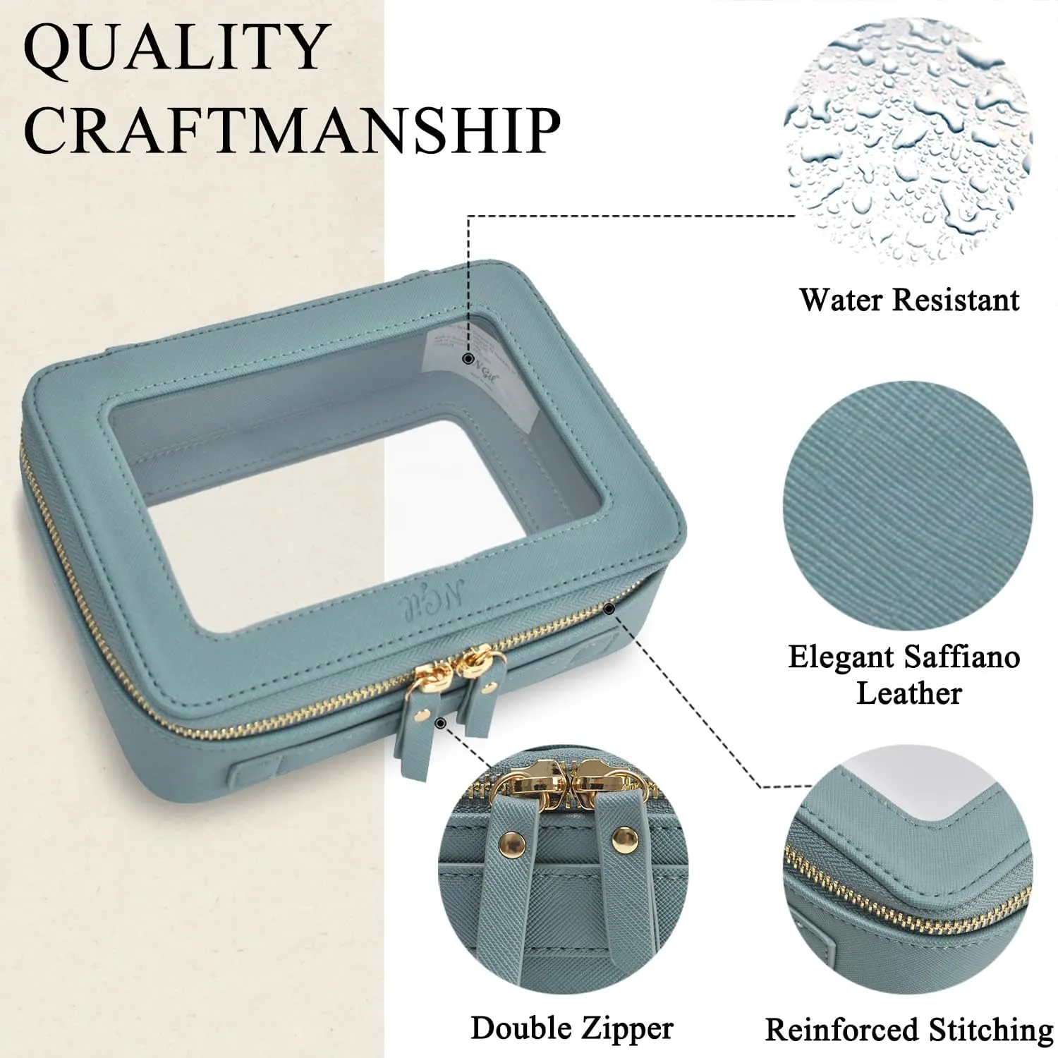 NGIL Clear Faux Leather Travel Toiletry Bag, Makeup Bag Organizer for Women, Clear Window & Gold Zipper Makeup Bag, Road Trip Essential, Skincare, Cruise Ship Essentials (Blue)
