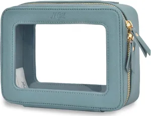 NGIL Clear Faux Leather Travel Toiletry Bag, Makeup Bag Organizer for Women, Clear Window & Gold Zipper Makeup Bag, Road Trip Essential, Skincare, Cruise Ship Essentials (Blue)