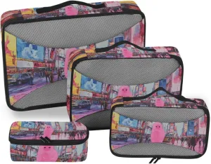 Packing Cube Set for Travel Halloween City Print, 4 Pcs Wide Zipper Opening Luggage Packing Organizers Travel Accessories for Organizing Clothing in Suitcases