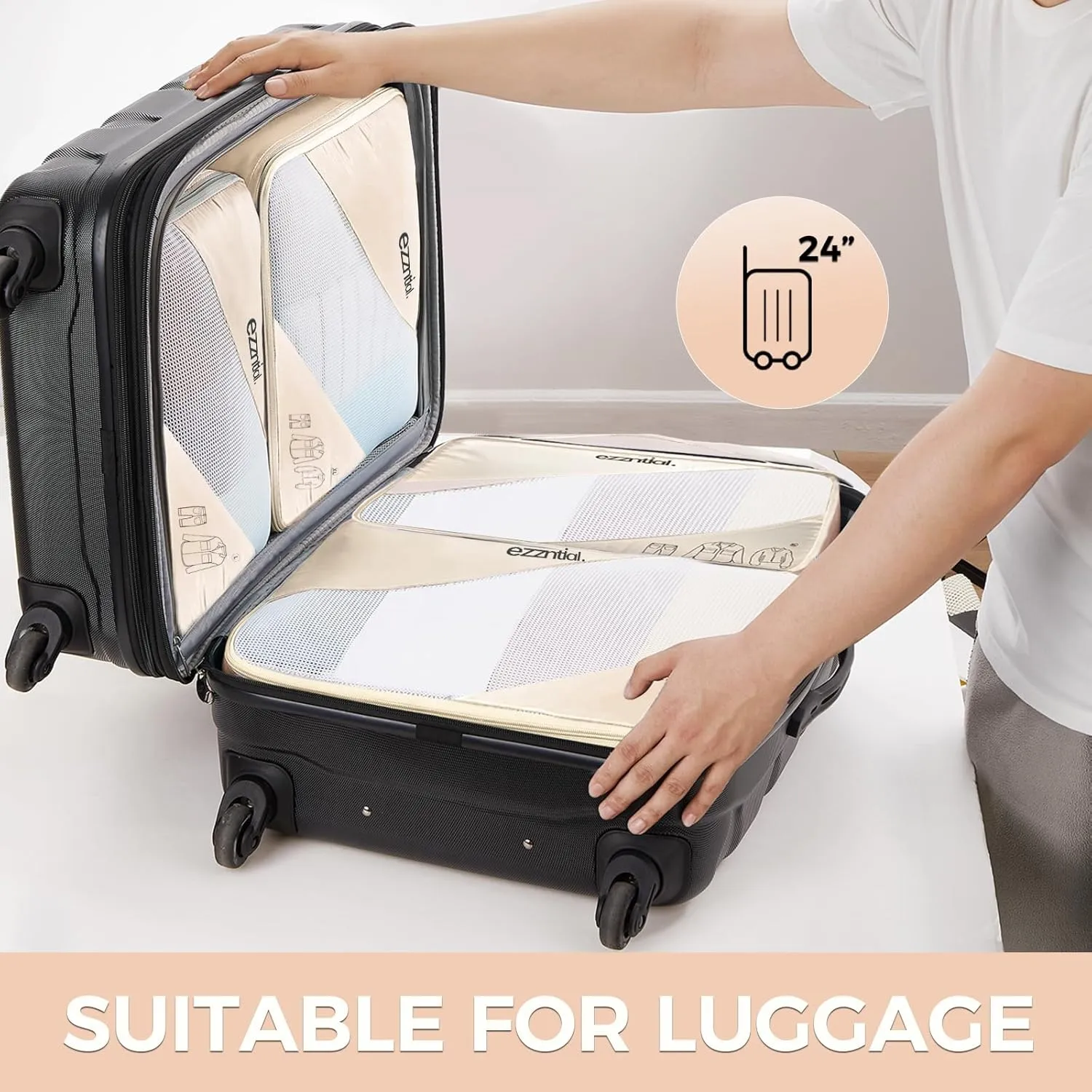 Packing Cubes for Travel, Suitcase Essentials Organizer Bags Set for Luggage, Road Trip Travel Accessories in 4 Sizes (Extra Large, Large, Medium, Small),Suitable for 24-inch suitcase Cream.
