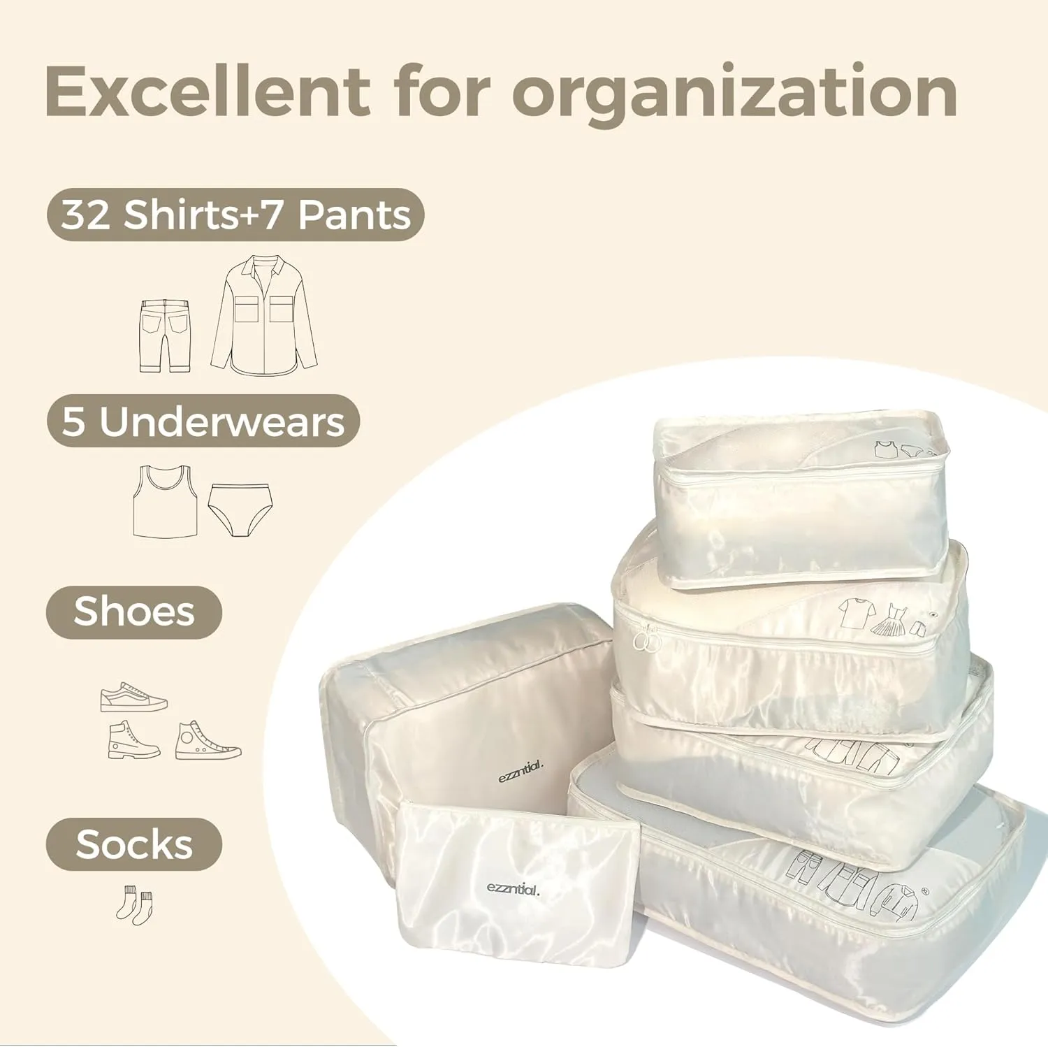 Packing Cubes for Travel, Suitcase Essentials Organizer Bags Set for Luggage, Road Trip Travel Accessories in 4 Sizes (Extra Large, Large, Medium, Small),Suitable for 24-inch suitcase Cream.
