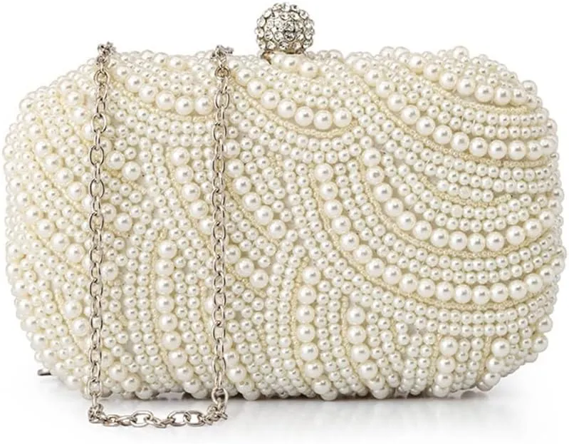 Pearl Evening Bag Handbag for Women, Clutch Bag Handbag for Party, Wedding, Black Shoulder Bag (Color : Beige)