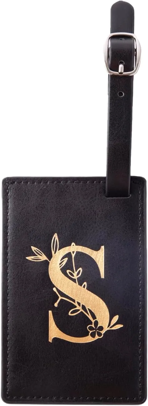 Personalized Luggage Tag Initial Luggage Tag Pu Leather for Suitcase Bag Tag for Baggage Luggage Tag with Full Privacy Cover ID Label (Black/Gold, S)