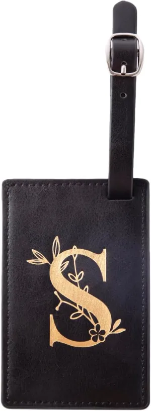 Personalized Luggage Tag Initial Luggage Tag Pu Leather for Suitcase Bag Tag for Baggage Luggage Tag with Full Privacy Cover ID Label (Black/Gold, S)