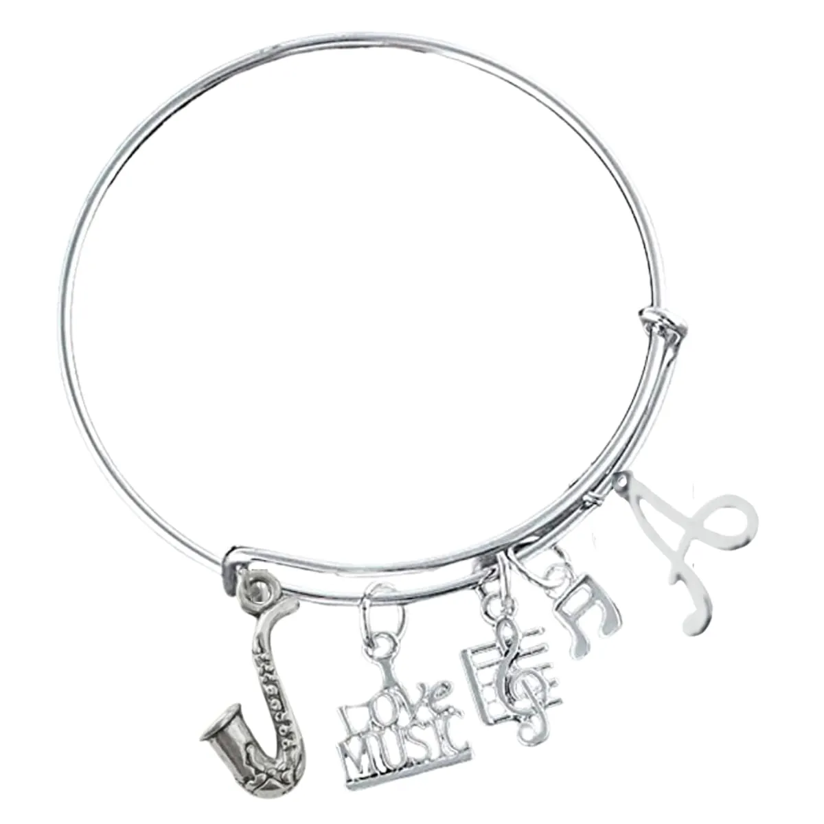 Personalized Saxophone Charm Initial Bangle Bracelet - Music Jewelry Gift - Saxophone Jewelry - Marching Band Bracelet -Music Lover Jewelry Gift for Women and Teens