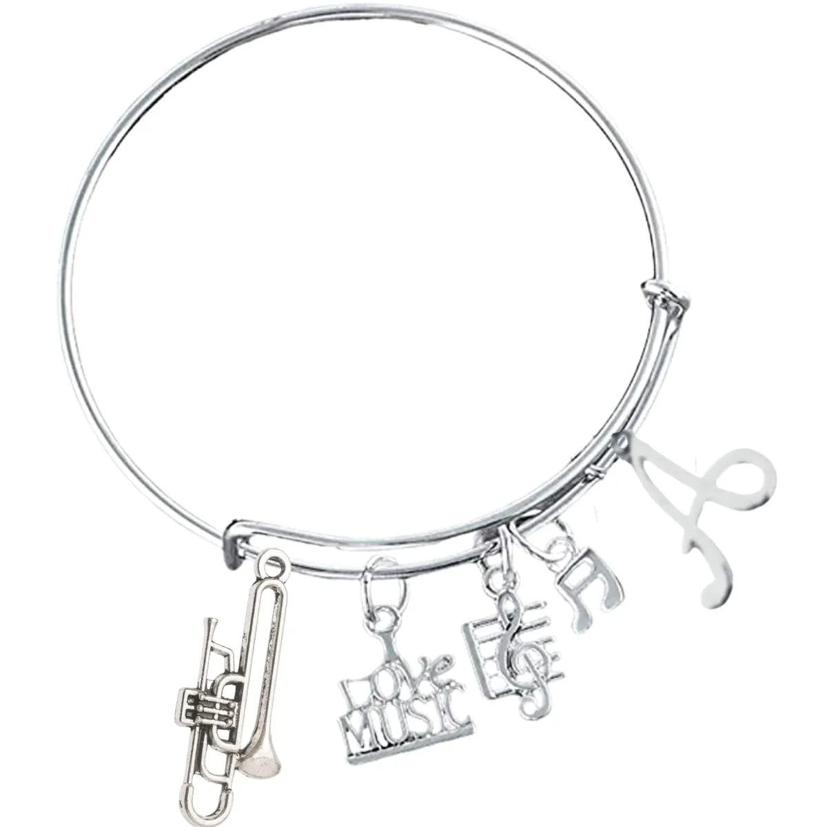 Personalized Trombone Charm Initial Bangle Bracelet - Music Jewelry Gift - Trombone Jewelry - Marching Band Bracelet -Music Lover Jewelry Gift for Women and Teens