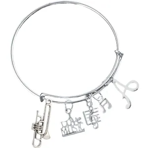 Personalized Trombone Charm Initial Bangle Bracelet - Music Jewelry Gift - Trombone Jewelry - Marching Band Bracelet -Music Lover Jewelry Gift for Women and Teens
