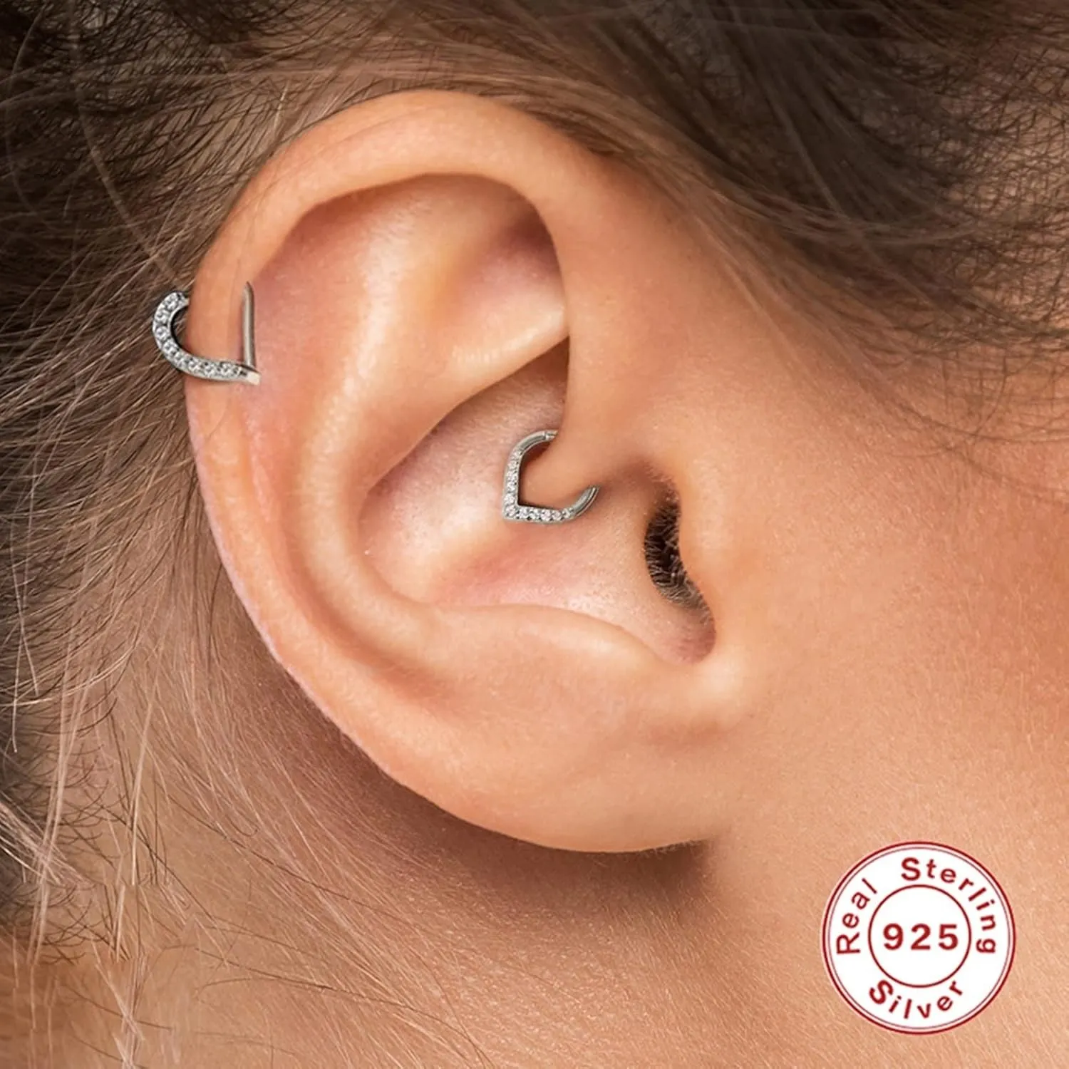 Piercing Jewelry for Women, Sterling Silver Body Piercing Jewelry 1Pc Nose Ring 1mm Thickness White Cubic Zirconia Heart Inlay Piercing Jewelry Gift