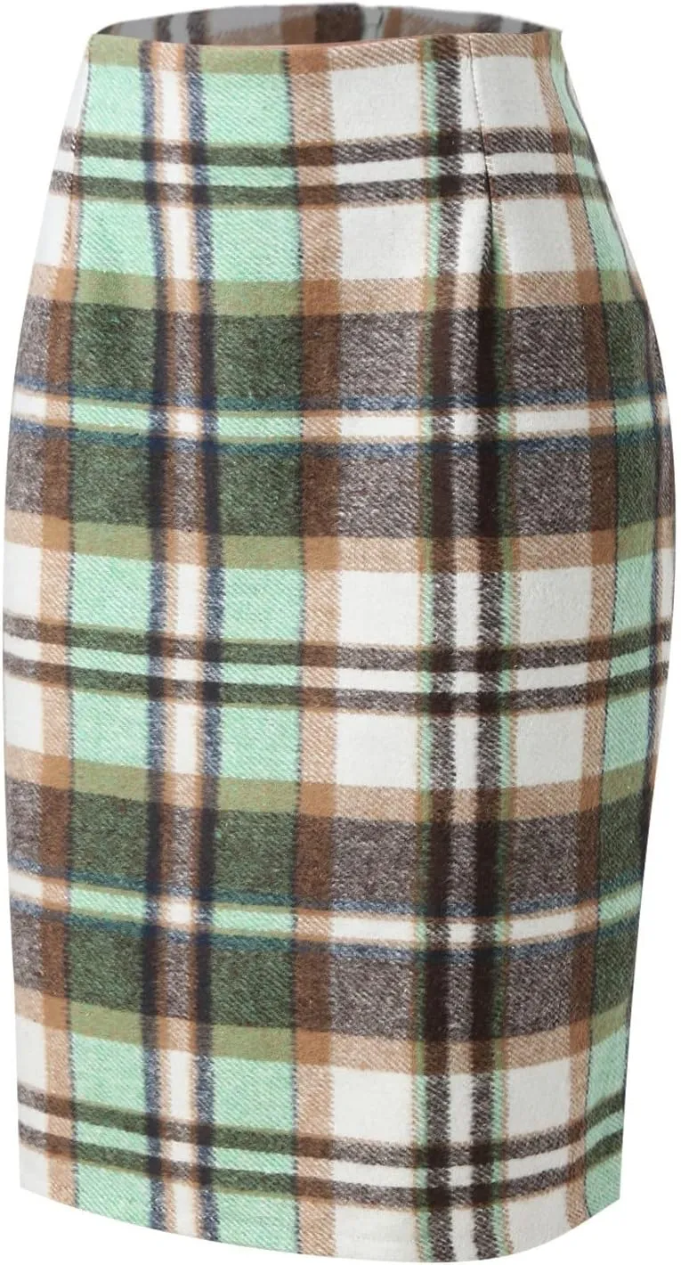 Plaid Skirts for Women 2024 Fall Winter Knee Length Wool Pencil Skirt
