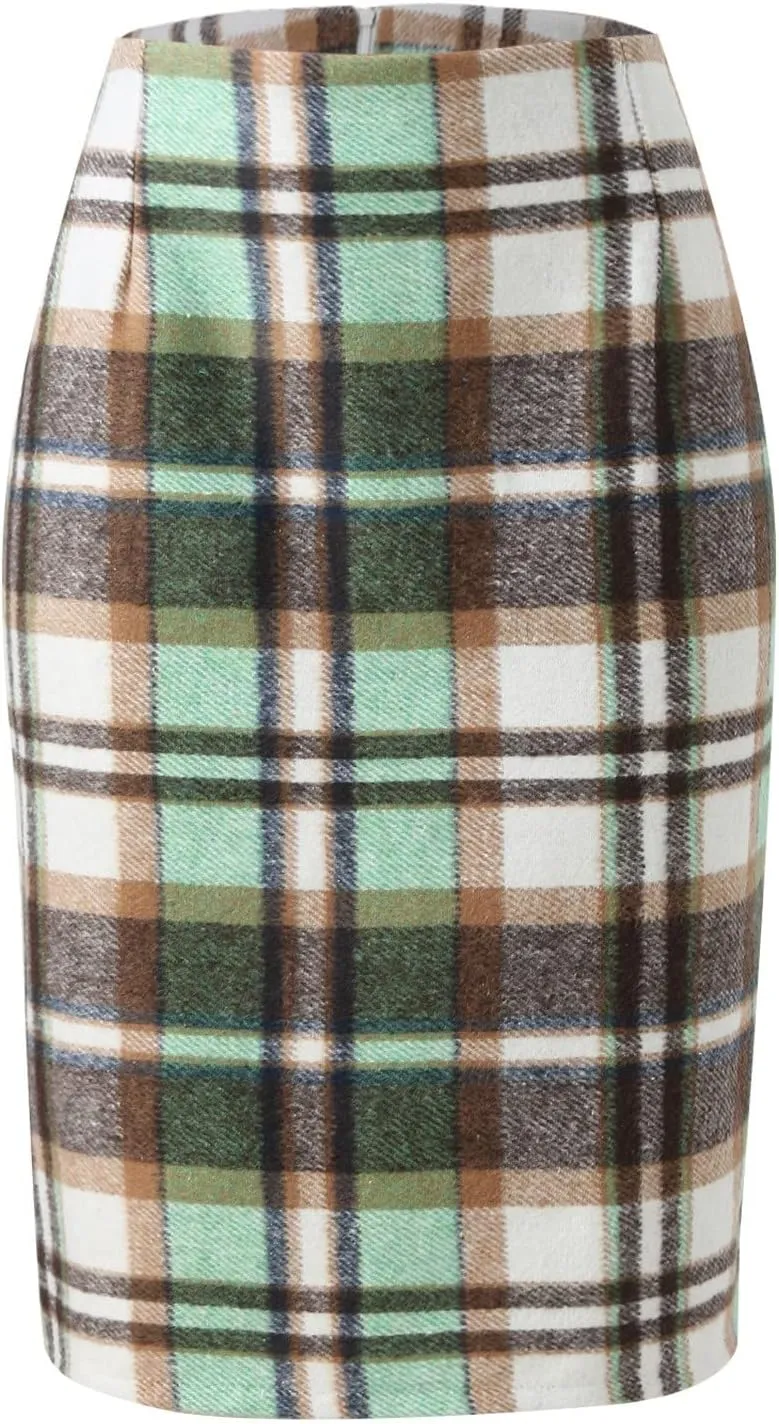 Plaid Skirts for Women 2024 Fall Winter Knee Length Wool Pencil Skirt